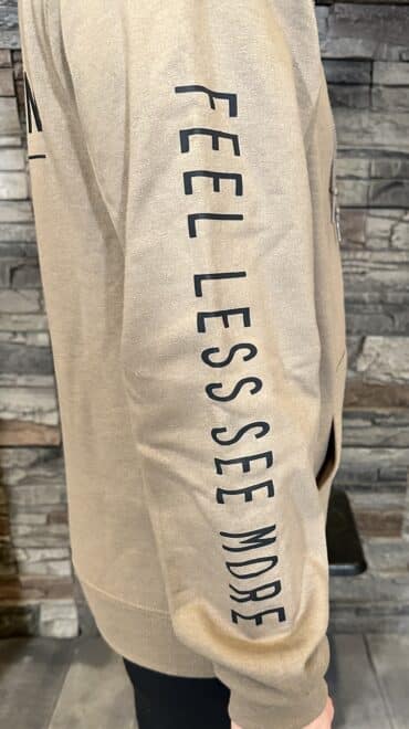 "Feel Less See More" Sleeved Hoodie - Safari Brown - Image 4